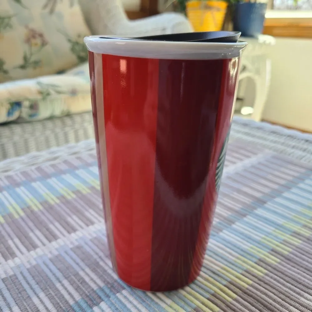 Starbucks Holiday Ceramic Tumbler Red Stripe Double Wall Travel 12 Oz Mug Cup